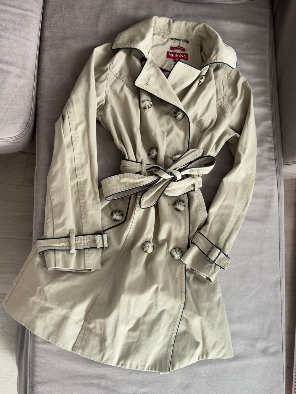 Merona Light Tan Double-Breasted Trench Coat with Contrast Trim